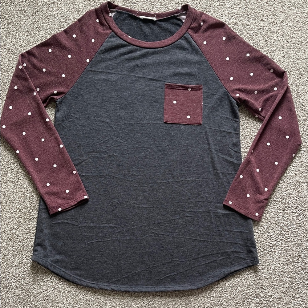 Women's Long Sleeve Top with Polka Dot Sleeves - Black and Burgundy